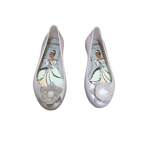 Mini Melissa Disney Princess Tiana Shoes Flower Detail Light Gray Flats Girls Si - Picture 1 of 9